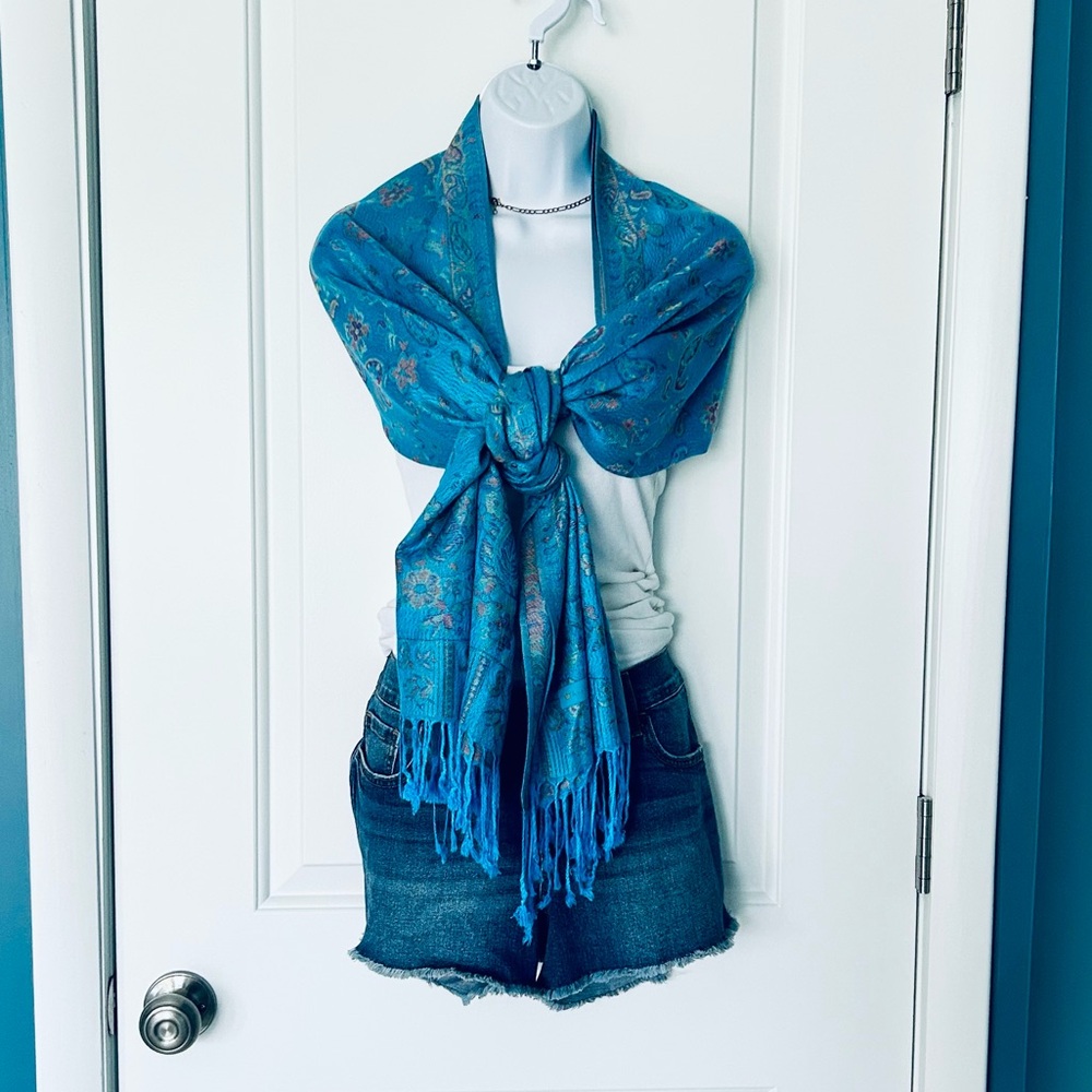 Teal blue multi pattern scarf wrap NWOT